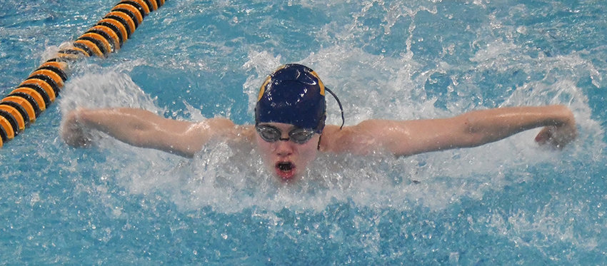 Pine Bush&rsquo;s Blaze Devlin swims the butterfly leg of the 200-yard medley relay during Thursday&rsquo;s OCIAA boys&rsquo; swimming and diving meet at Pine Bush High School.