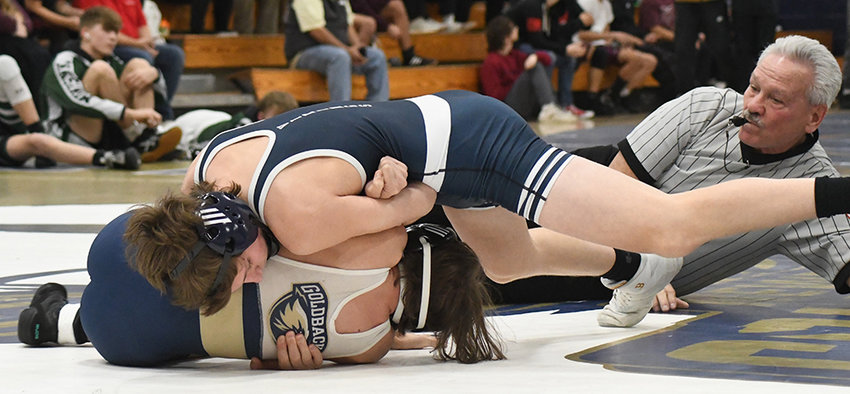 Valley Central's Luke Satriano tries to pin Newburgh's Jordan Busby during a 118-pound bout during a Section 9 Duals tournament wrestling Round of 16 match on Jan. 10 at Newburgh Free Academy.