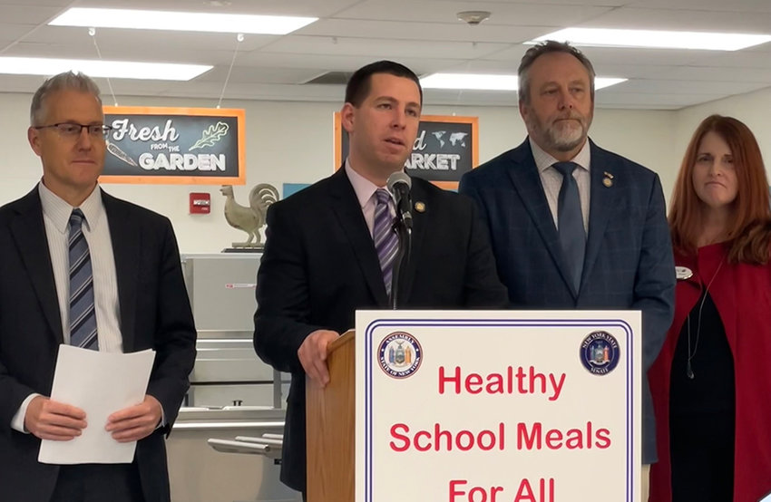 Assemblyman Brian Maher (R,C-Walden ) and Sen. Peter Oberacker (R,C-Schenevus) announced their support for the creation of a universal healthy school meals program in New York at a press conference on February 16, Also pictured is Kevin Castle (far left), superintendent of schools for the Wallkill Central School District, and Sara Gunn, director of the Food Bank of the Hudson Valley.