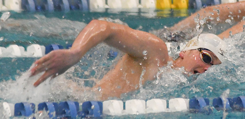 Newburgh's Peyton Tuttle swims the 500-yard freestyle during Saturday's Section 9 boys' swimming championship meet at Valley Central High School in Montgomery.
