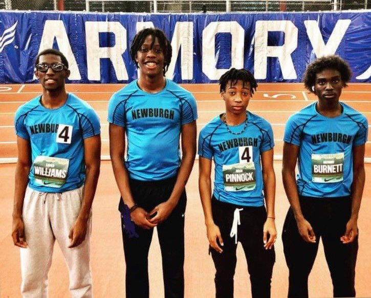 Newburgh Elite Track Club&rsquo;s Xaiver Williams, Anthony Barrett, David Pinnock and Anthony Burnett are shown after finishing 10th in the 4x400-meter relay at the Nike Indoor Nationals track and field meet at the New York City Armory.