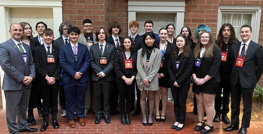 Marlboro Social Studies James Ventriglia accompanied his students to the 87th Youth in Government Convention in Albany at the end of March. Pictured L-R at the Desmond Hotel: Front Row: Jim Ventriglia, Matthew Bogaczyk, Kathem Fakhoury, Noah Ernst, Sophia Montalbano, Audrey Lee, Emersyn Lazar, Kahlan Moran, Sophia Dunn. Back Row: Olivia Ciaccio, Deni Menendez, Sam Armstrong, Anthony Santos Rodriguez, Robert Kunkel, Finn Wakely, Alex McAteer, Abigail Gaer, Julia Gaer, Eva Carbone, Kyle Anderson, Harrison Solomon.