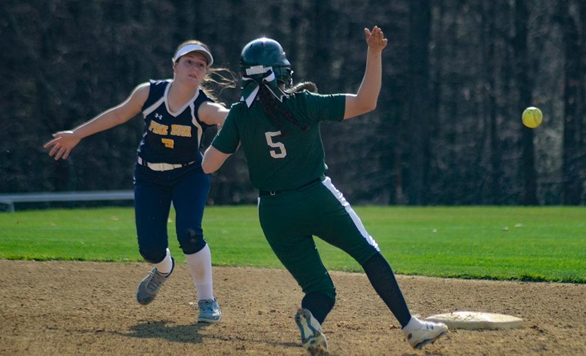 Minisink Valley&rsquo;s Madison Ringus pulls into second base as the throw gets past Pine Bush shortstop Kendall Morris during a non-league softball game on April 13, 2022.