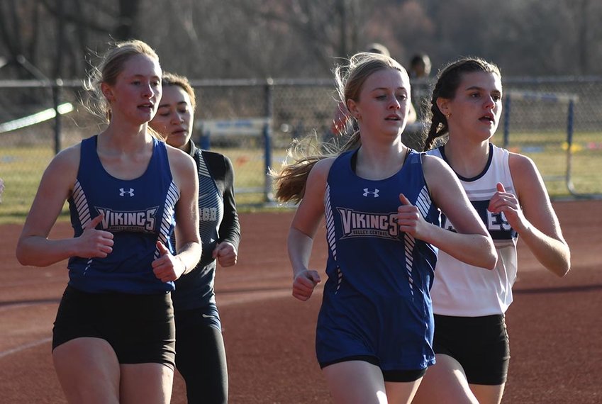 Valley Central&rsquo;s Laura Griffin and Sophie Carsley run the 1,500-meter run during a non-league track and field meet on March 28 at Valley Central High School in Montgomery.