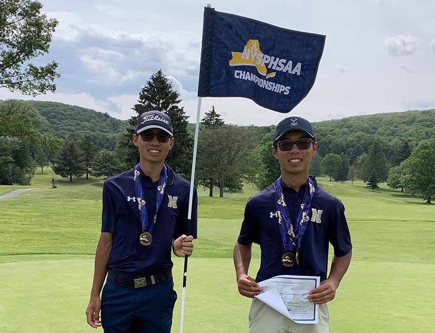 Newburgh&rsquo;s Mark Yan (left) and Josh Yan are shown at the NYSPHSAA boys&rsquo; golf tournament at the Mark Twain Golf Course in Elmira. Josh finished third and Mark finished tied for ninth.