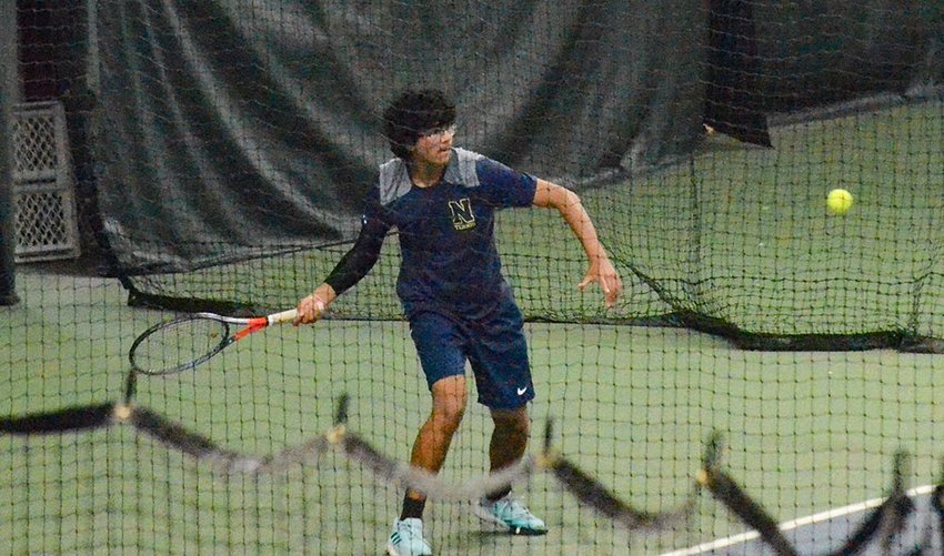 Newburgh&rsquo;s Aarav Shah waits on the ball during the Section 9 boys&rsquo; tennis tournament on May 25, 2022, at Match Point Tennis Center in Goshen.