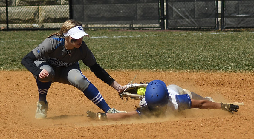Valley Central shortstop Emilia Brundage tags out Wallkill&rsquo;s Elysia Villafane during a non-league softball game on April 3 at Wallkill High School.