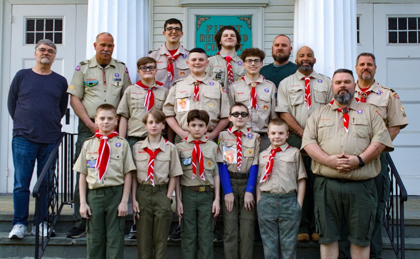 Scout members in front of the First Reformed Church in Walden.