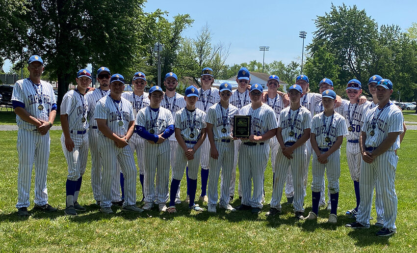 The Chapel Field baseball team poses wtih the Section 9 Class D championship plaque on Saturday at Lorenz Field in Saugerties.