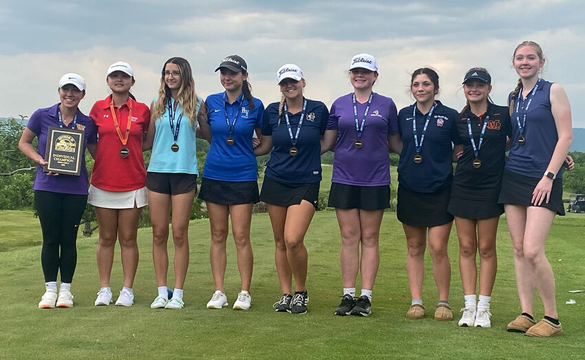 Valley Central&rsquo;s Sarah Samuelson, far right, is shown with the other state qualifiers after Wednesday&rsquo;s Section 9 girls&rsquo; golf tournament at Apple Greens Golf Course.