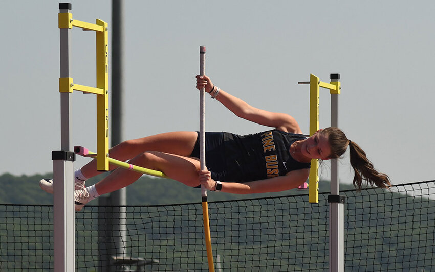 Pine Bush's Averie Klein competes in the pole vault during Thursday's Section 9 state qualifying track meet at Monroe-Woodbury High School in Central Valley.