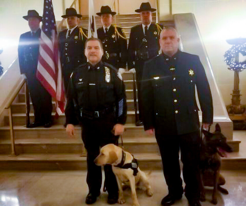 New Plattekill Police Chief Oscar Lopez with Plattekill canine Cruze at Albany County Sheriff&rsquo;s Narcotics Detection graduation ceremony.
