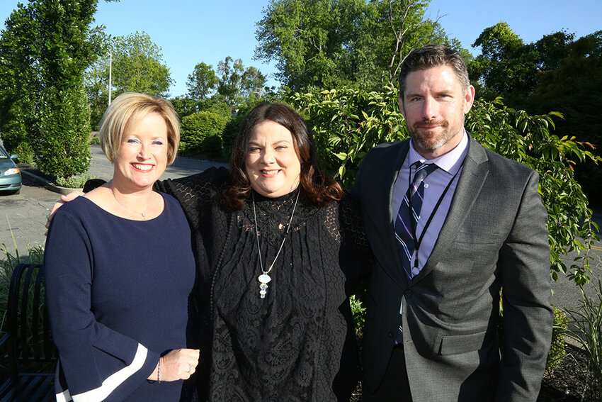 Distinguished Friend of Education honoree Kathleen Keane (center), with Marlboro Central School District Board of Education Vice President Trish Benninger (left), and Marlboro Superintendent Michael Rydell (right), poses during a recognition event on May 25.