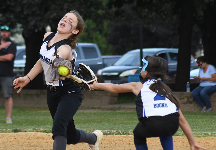 Wallkill Area&rsquo;s Emily Crinieri catches the ball just in front of second baseman Mackenzie Boone during Thursday&rsquo;s District 19 Majors softball game at Veteran&rsquo;s Park in Montgomery.