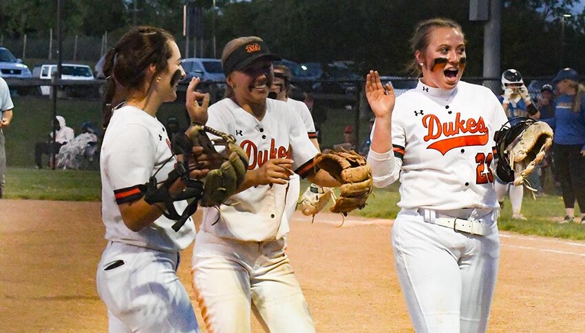 Marlboro's Leah Gunsett (23), Ella Leduc (left) and Kalista Birkenstock react after the Dukes beat Ellenville to win their third straight Section 9 Class B championship on May 27 at Middletown High School.