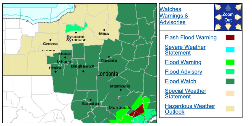 National Weather Service Map showing a flood warning in southern Orange County and a flood watch for the remainder of the county.