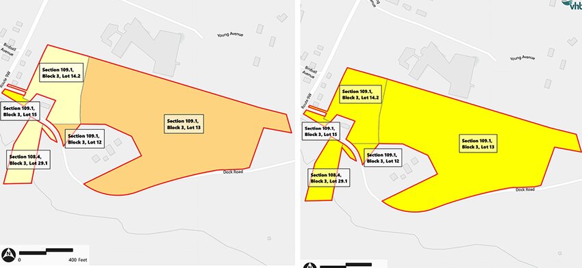 The previous zoning map (left)  for the Town of Marlborough and (right) what it would look like if parcels along Dock Road are recognized as residential zones.