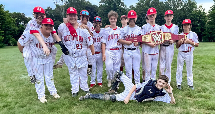 Members of the Newburgh Red Storm 14U baseball team are shown after winning their semifinal playoff game. They went on to the championship game, where they suffered a 2-0 loss to the Westchester Elite on Aug. 6 at Rogers Park in Danbury, CT.