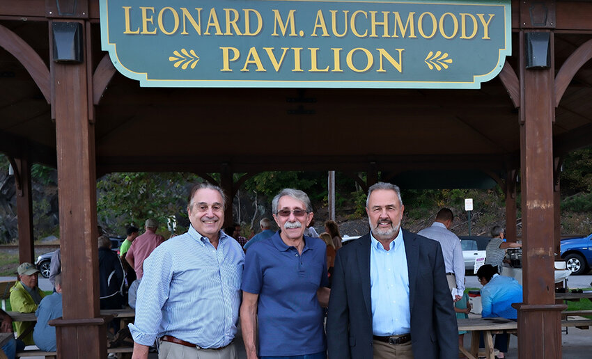The Pavilion at the Highland Landing Park has been named for Leonard M. Auchmoody to honor his work at the park. Pictured (l. &ndash; r.) former Lloyd Supervisor Fred Pizzuto, Leonard M. Auchmoody and current Supervisor Dave Plavchak.