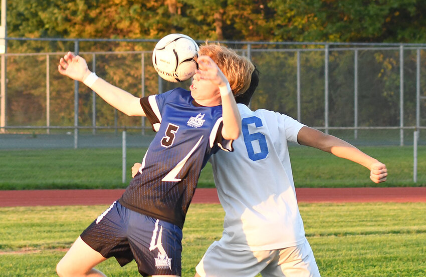 Valley Central's Sean Watson goes for the ball during Wednesday's OCIAA Division II boys' soccer game at Valley Central High School in Montgomery.