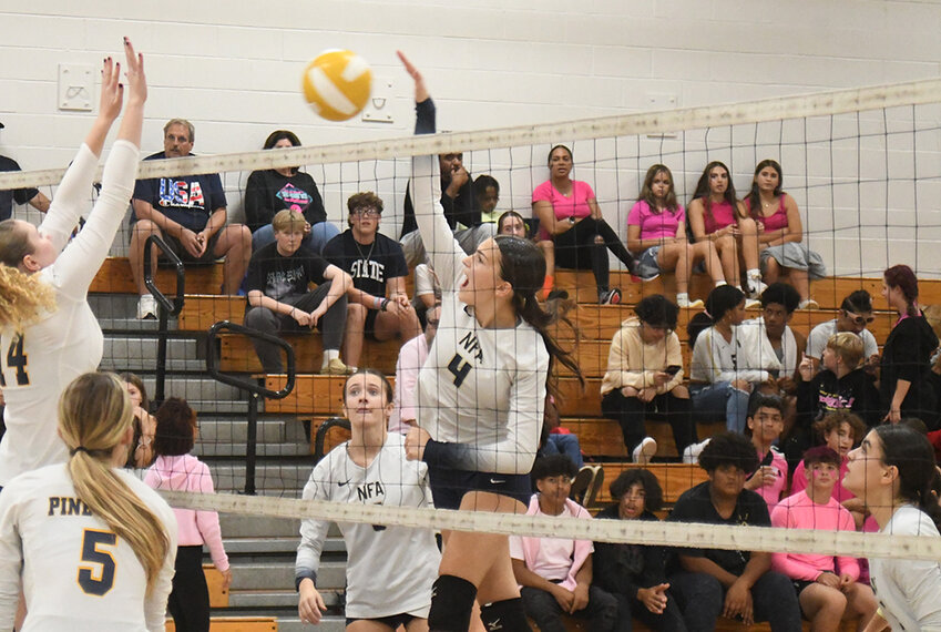 Newburgh's Sofia Mucci hits the ball over the net as Pine Bush's Ellie Hoppie prepares to block and Pine Bush's Taylor Jennings and Newburgh's Megan Evans looks on during Friday's OCIAA Division I volleyball match at Newburgh Free Academy's Main Campus.