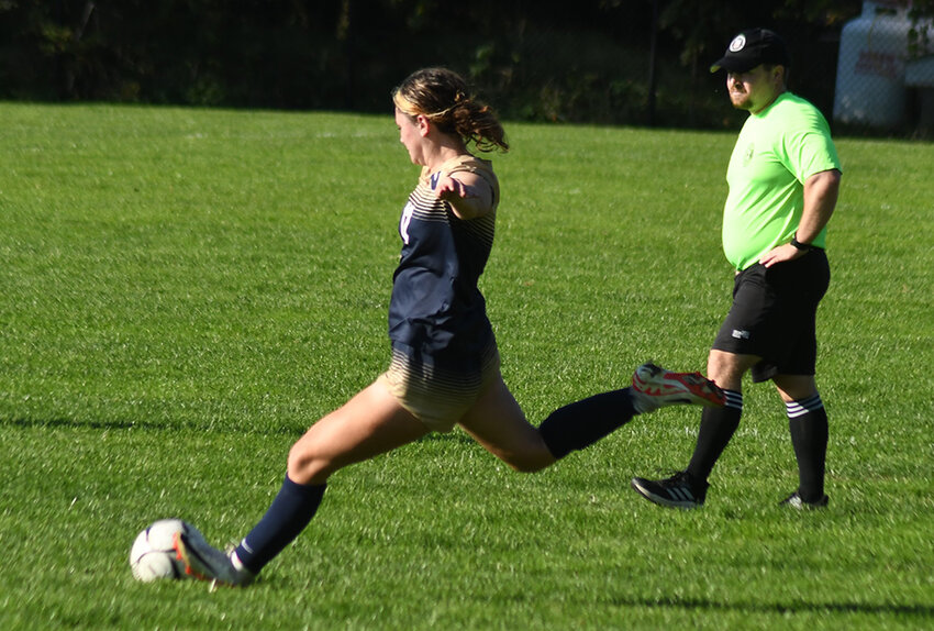 Newburgh's Taylor Morrill kicks the ball during an OCIAA Division I girls' soccer game on Oct. 3 at Newburgh Free Academy North.