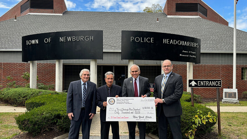 At the check presentation for Town of Newburgh Police (l. - r.) Public Safety Consultant Vincent Presutti, Town Supervisor Gil Piquadio, Assemblymember Jacobson and Police Chief Bruce Campbell.