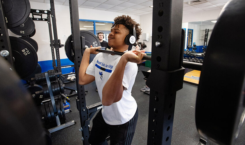 Mount Saint Mary College lacrosse players the Kaplan Center weight room on February 2, 2023..Mount Saint Mary College, desomond, wellness, exercise