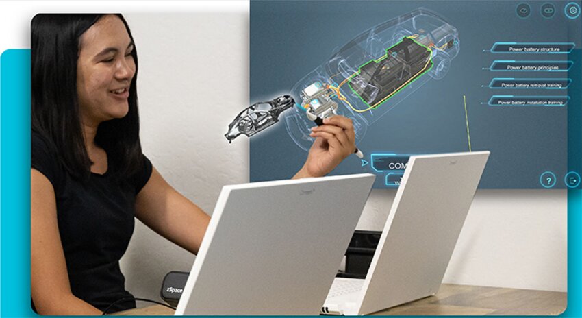 A picture from the zSpace website illustrates a student virtually studying the inner workings of an automobile
