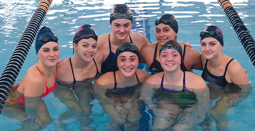 The Pine Bush girls&rsquo; swimming state qualifiers are: front, from left, Ashley Martin, Katie Webster; back, Maya Oakes, Mackenzie Gula, Ella Humphrey, Sadie DeGeorge, Alanah Giannini. They will compete at the NYS Federation championship meet on Friday and Saturday at the Webster High School Aquatic Center.