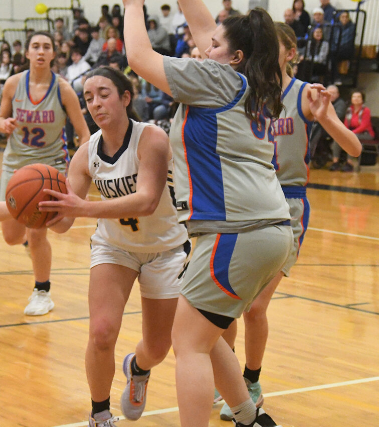 Highland&rsquo;s Danica Valente drives the ball as S.S. Seward&rsquo;s Adrianna Joy defends during a non-league girls&rsquo; basketball game on Feb. 17 at Highland High School.