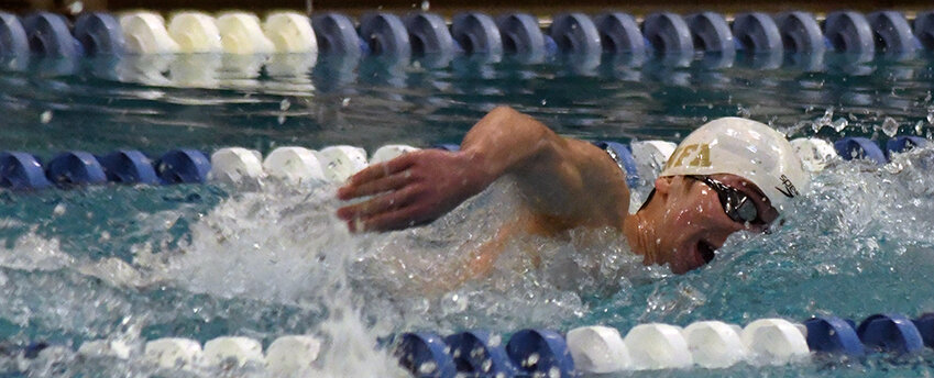Newburgh&rsquo;s Jack Mummery swims the 200-yard freestyle during the Section 9 boys&rsquo; swimming championship meet on Feb. 18 at Valley Central High School in Montgomery.