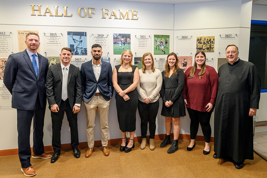 Left to right, Trevor Purcell, Head Baseball Coach; Dylan DeMeo &rsquo;18; Matt Garcia &rsquo;15; Bridget McKeever &rsquo;18; Claire Duffy &rsquo;16; Shannon Sommer &rsquo;17; Cindy Connoly &rsquo;18; and Fr. Gregoire Fluet, Interim President of Mount Saint Mary College.