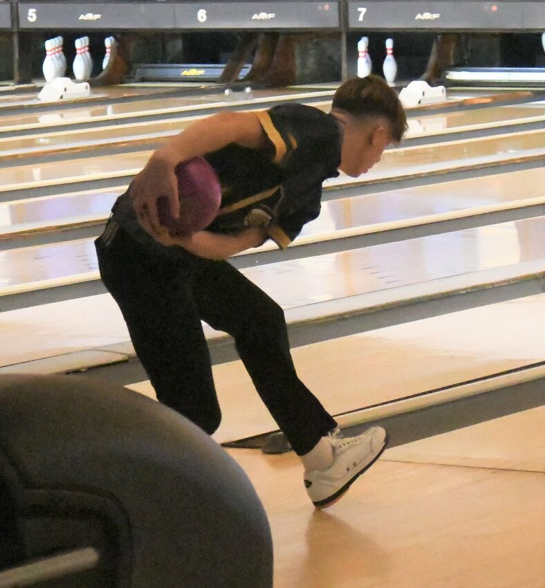 Newburgh&rsquo;s Gage Szymanowicz approaches the lane during Thursday&rsquo;s bowling match at Pat Tarsio Lanes in Newburgh.