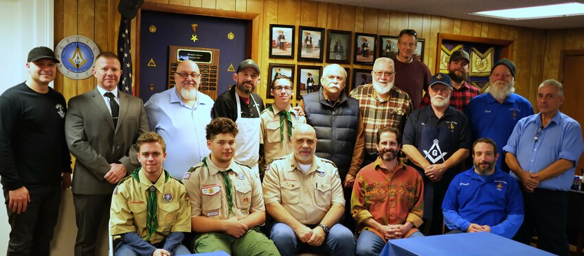 Masonic Lodge members, friends and guests Pictured L-R seated Devin Brooks, John Giancarlo Doddo, Giuseppe Doddo, John Frustace and Pasquale Leo; Standing L-R Mike Heinlein, Sean Fitzgerald, Ron Naccarato, John Pasqalicchio, John Pasqualicchio Jr., Steve Zacharzuk, Floyd Burgher, Don Smerdon, Fred Ganzer and Bob Trainor; top row, Tom McRitchie and Byron Chapman.