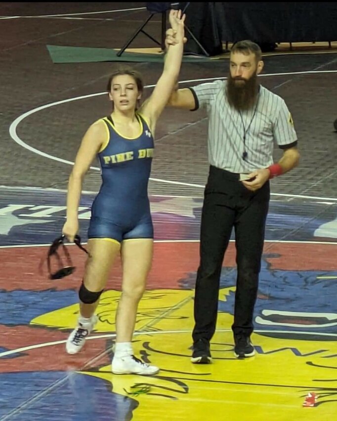 Pine Bush&rsquo;s Brooke Tarshis&rsquo; hand is raised after finishing fifth at the Beast of the East Tournament at the University of Delaware.
