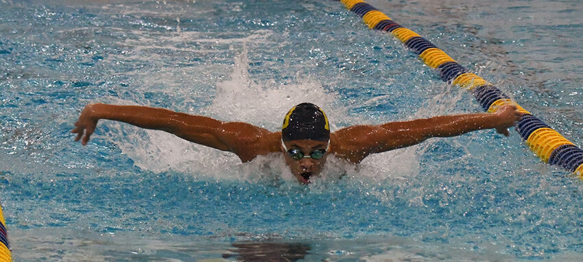 Pine Bush&rsquo;s Bryce Sloley swims the 100-yard butterfly during Wednesday&rsquo;s OCIAA boys&rsquo; swimming and diving meet at Washingtonville High School.