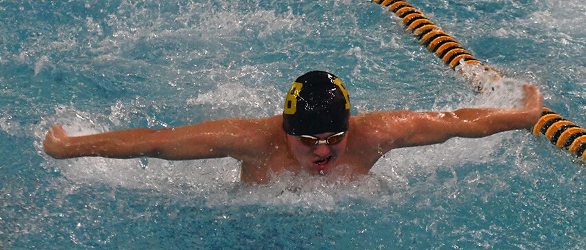 Pine Bush&rsquo;s Dominic Licardi swims the butterfly leg of the 200-yard individual medley during Wednesday&rsquo;s OCIAA boys&rsquo; swimming and diving meet at Pine Bush High School.
