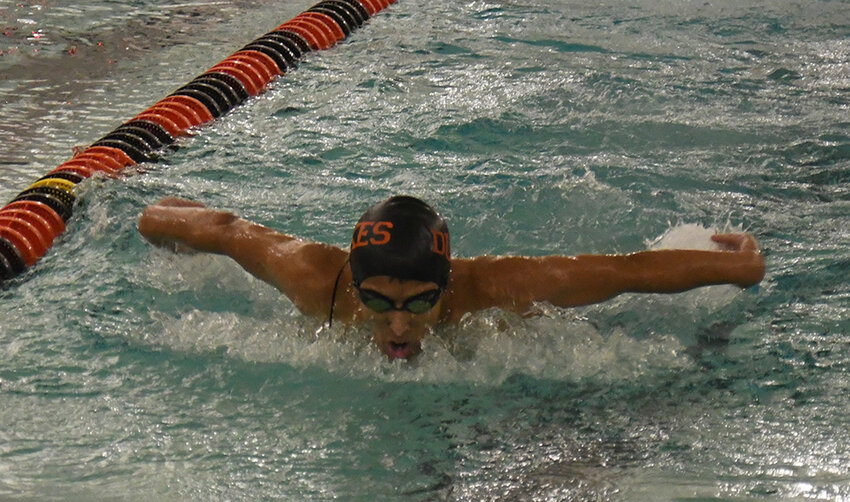 Marlboro&rsquo;s Aydyn Sanchez swims the 100-yard butterfly during an OCIAA boys&rsquo; swimming meet on Dec. 19 at Marlboro High School.