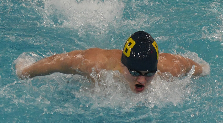 Pine Bush&rsquo;s Tomek Oakes swims the 100-yard butterfly during Friday&rsquo;s OCIAA boys&rsquo; swimming and diving meet at Pine Bush High School.