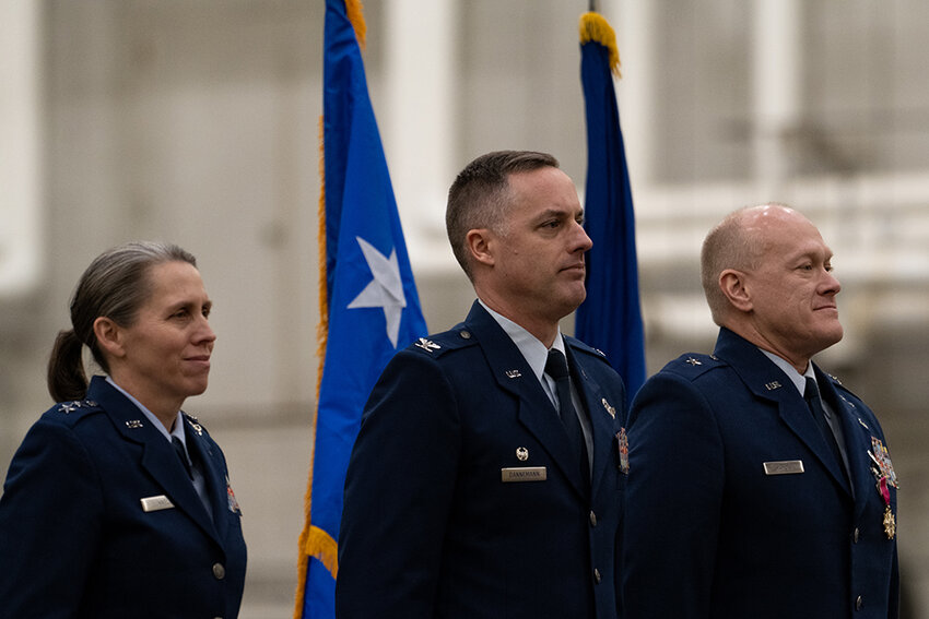 New York Air National Guard Maj. Gen. Denise Donnell, Col. Ryan Dannemann and Brig. Gen. Gary Charlton stand next to each other during a change of command ceremony Jan. 6, 2024 at Stewart Air National Guard Base, New York. Dannemann assumed command of the 105th Airlift Wing from Charlton during the ceremony. (U.S. Air National Guard photo by Staff Sgt. Mary Schwarzler)