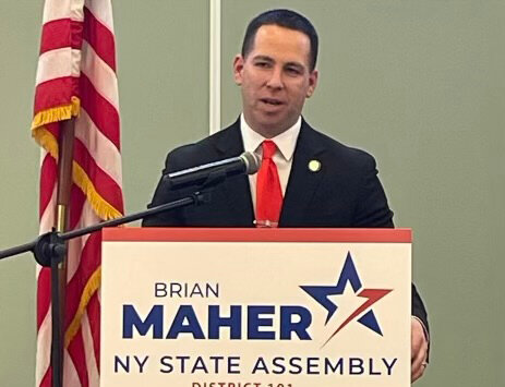 Assemblyman Brian Maher announces his intention to seek a second term on Sunday at the Town of Crawford Senior Center in Pine Bush.