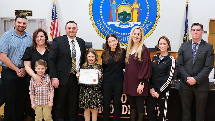 Elizabeth Carofano is the Marlboro Elementary School’s Student of the Month for February. Pictured L-R board member James Mullen, family members, student Elizabeth, teacher Alycia Barone, Principal Jena Thomas, Asst. Principal Sarah Amodeo and Supt. Michael Rydell.