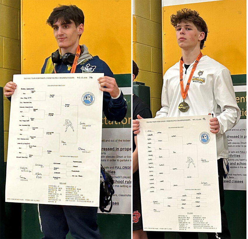 Highland’s Bradley Gatto (l.) and Highland’s Quinn Jones will attend the New York State Division II wrestling meet this weekend at the MVP Arena in Albany.