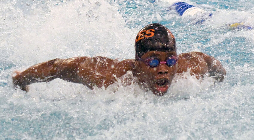 Marlboro’s Josh Johnson swims the 100-yard butterfly during Saturday’s Section 9 boys’ swimming and diving championships at Valley Central High School in Montgomery.