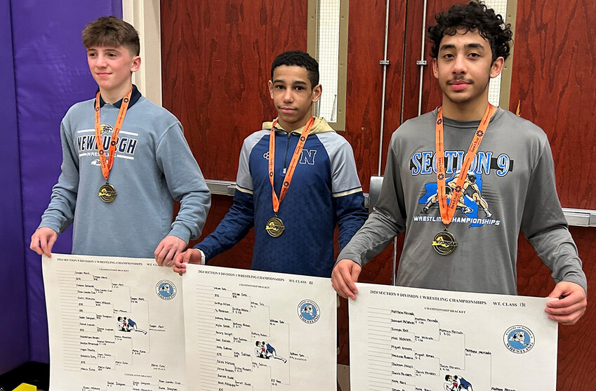 Newburgh Free Academy’s Section 9 Division I wrestling champions, from left, Cooper Merli (108), William Soto (101) and Matt Mercado (131) are shown. Merli will attend his third state tournament, while Soto will go for his second. Mercado and, not pictured, Jordan Busby (116) and Christopher Leggett (215) also will attend the state meet, starting Friday at the MVP Arena in Albany.