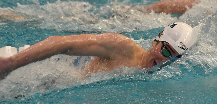 Newburgh’s Jack Mummery swims the 200-yard freestyle during Saturday’s Section 9 boys’ swimming and diving championships at Valley Central High School in Montgomery.