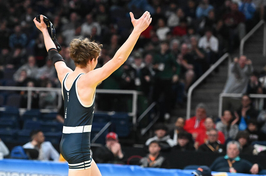 VC&rsquo;s Luke Satriano celebrates after winning the state title on Saturday in Albany.