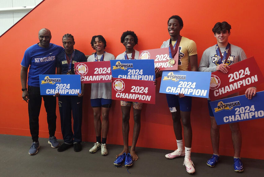 The Newburgh Free Academy boys&rsquo; 1,600-meter relay team won the New York State Federation and NYSPHSAA championship. The team, shown with coach Malcolm Burks, is, from left, Kendy Georges, David Pinnock, Anthony Burnett, Anthony Barrett and Brady Danyluk.