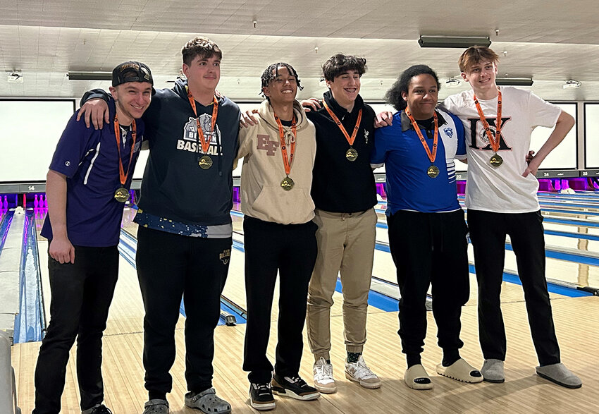 Newburgh&rsquo;s Jordan Dewitt, third from left, and Gage Szymanowicz, right, will compete at the New York State bowling championships on Saturday at Strike &lsquo;N Spare Lanes in Syracuse as part of the Section 9 composite team. Katie Bell will compete on the girls&rsquo; composite team.